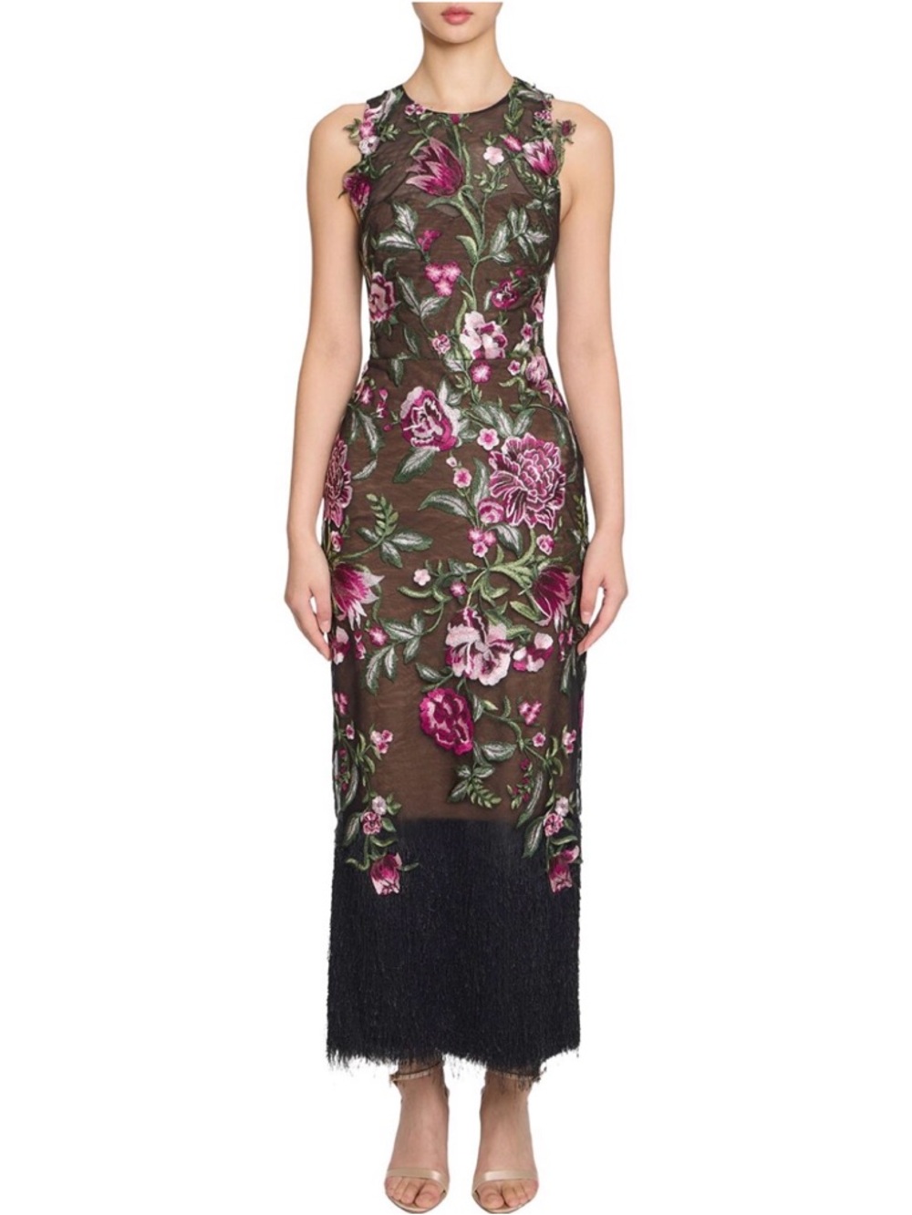 Sleeveless Black Midi Dress with Pink Floral Embroidery